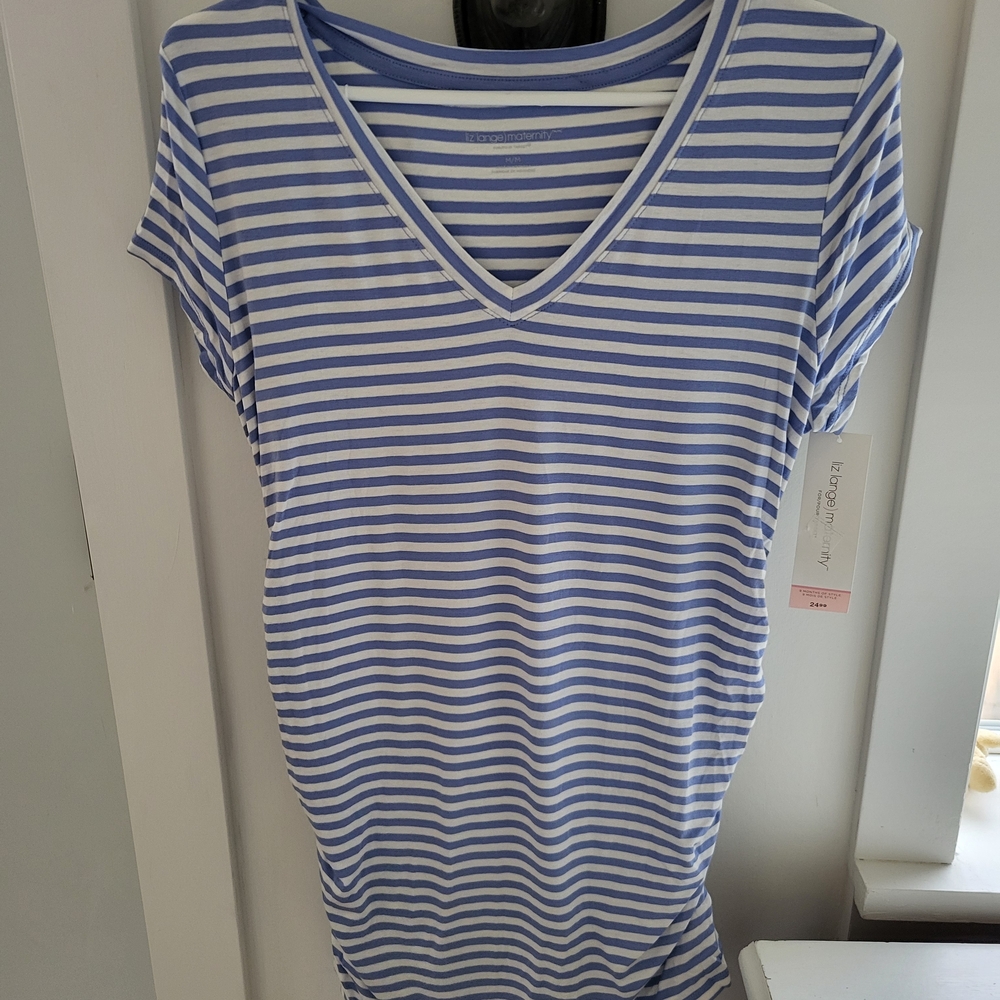 Liz Lanze Maternity Blue and White Striped V-Neck Tee. Size M